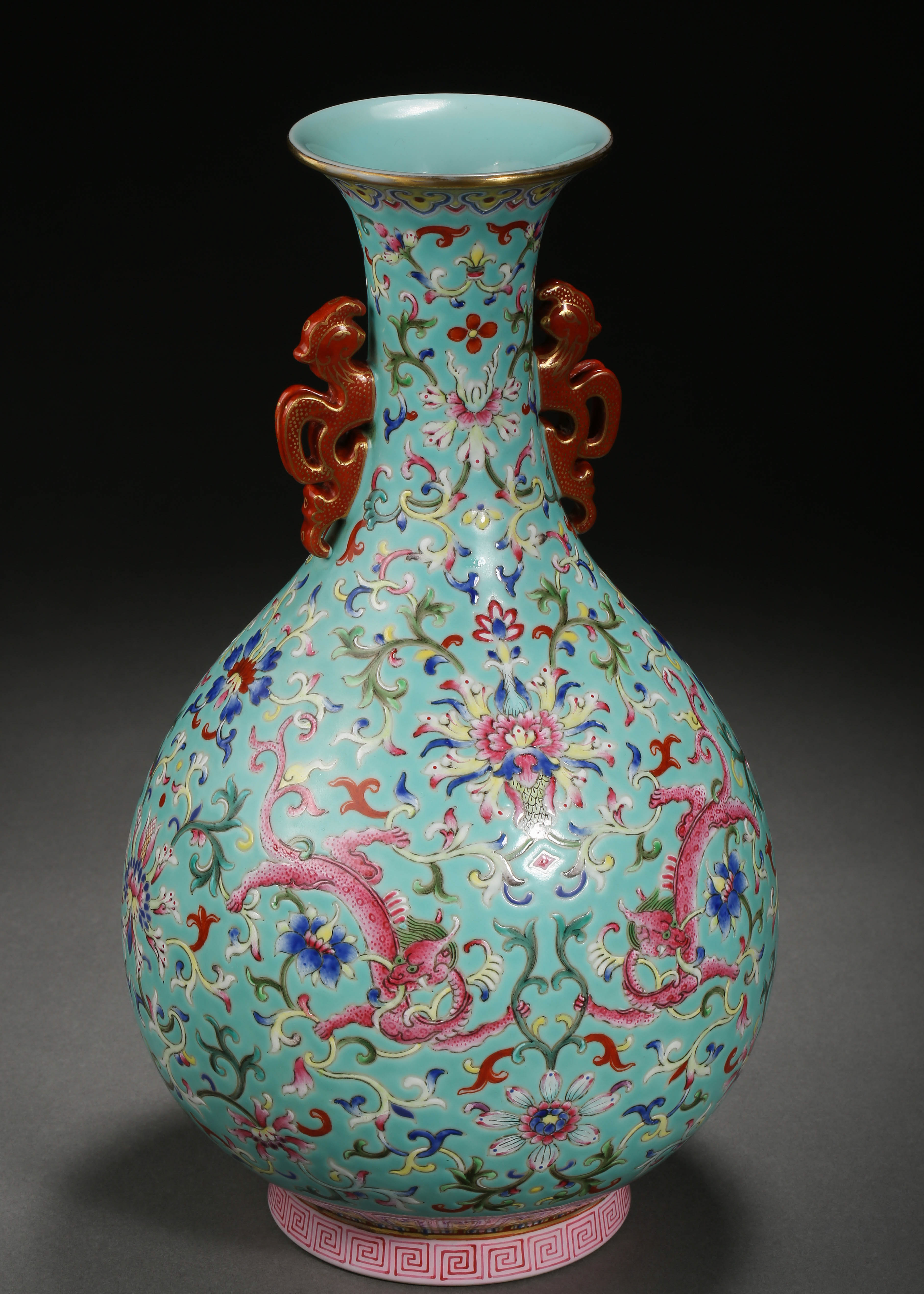 A Chinese Turquoise Ground and Famille Rose Chilong Vase - Image 3 of 10