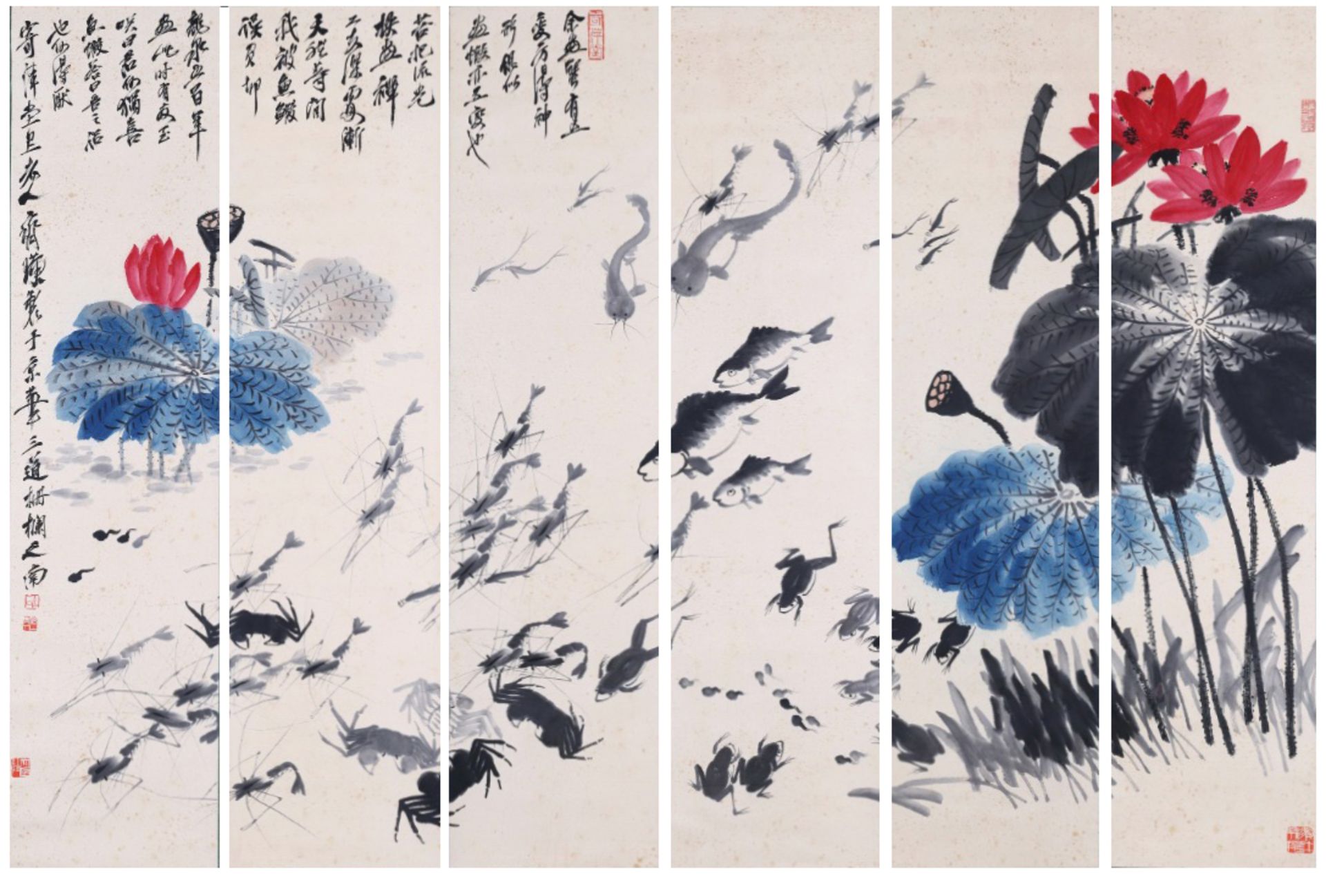 Six Pages of Chinese Scroll Painting Signed Qi Baishi