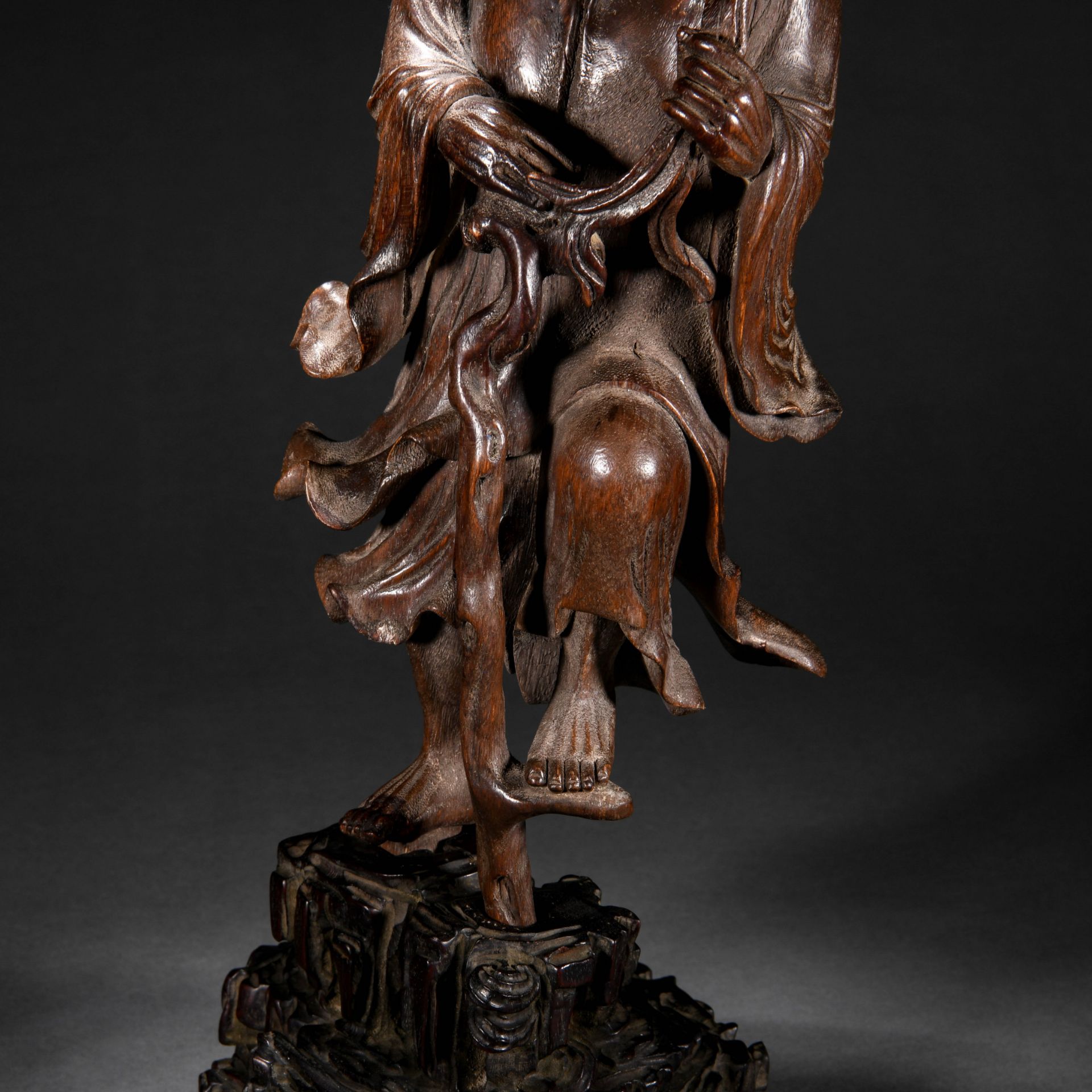 A Chinese Carved Rosewood Standing Figure - Image 4 of 8