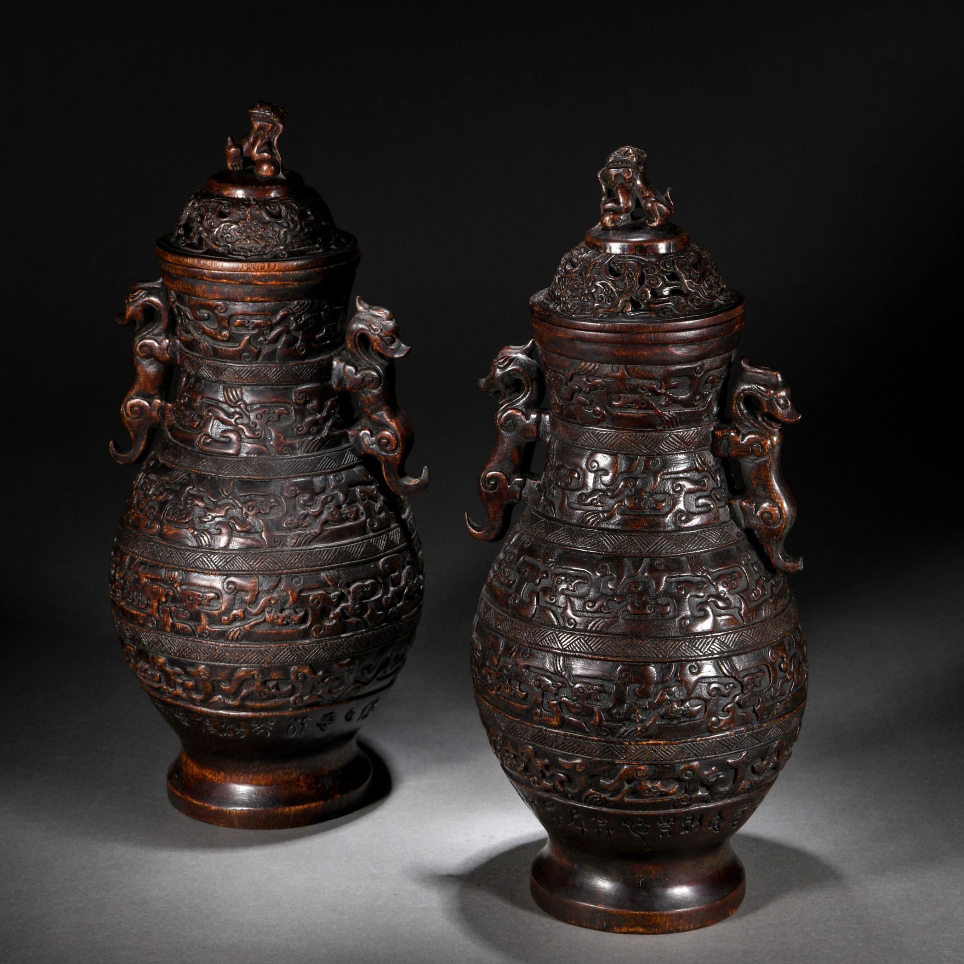 Pair Chinese Carved Rosewood Chilong Vases