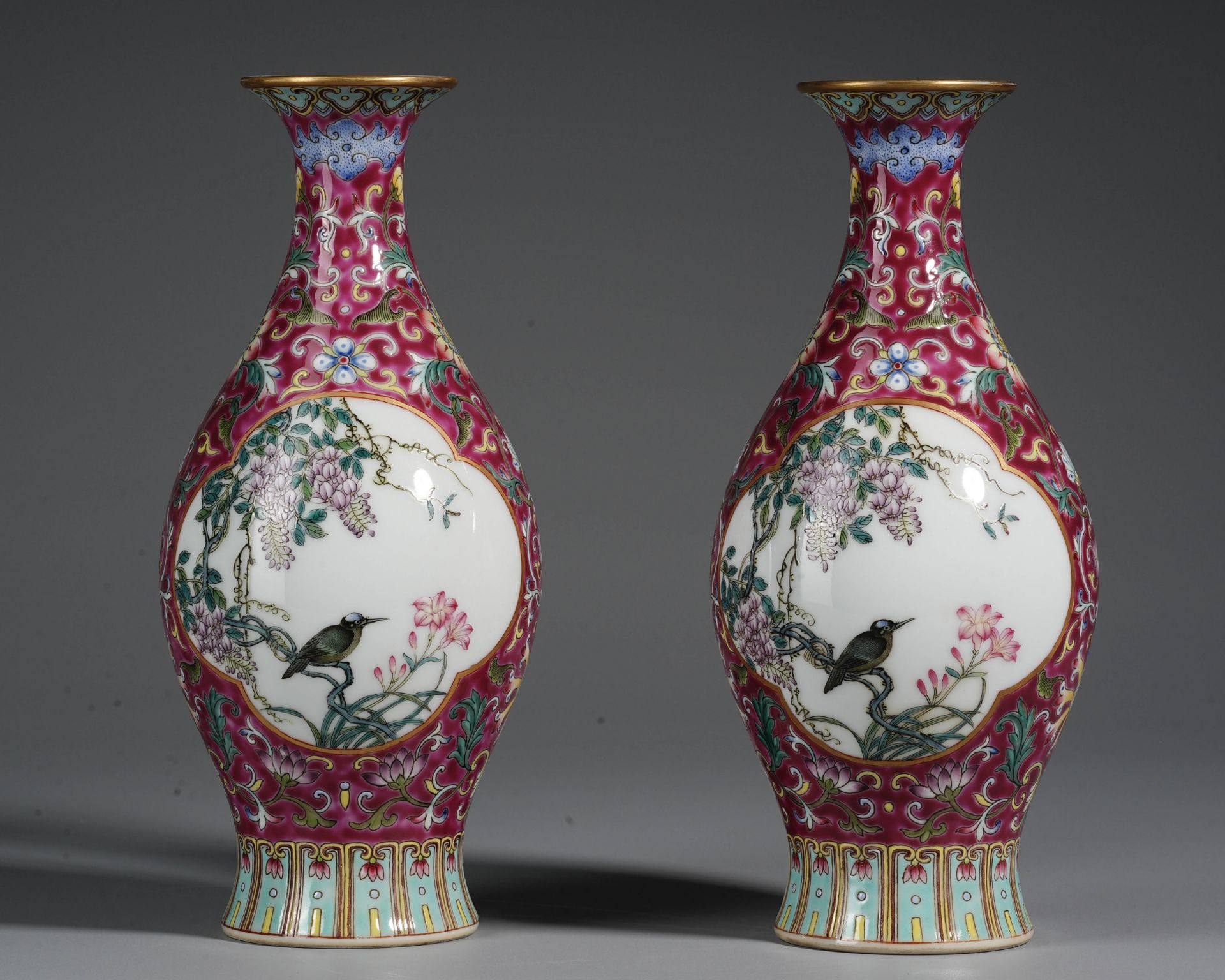 Pair Famille Rose Cranes Vases - Image 3 of 14