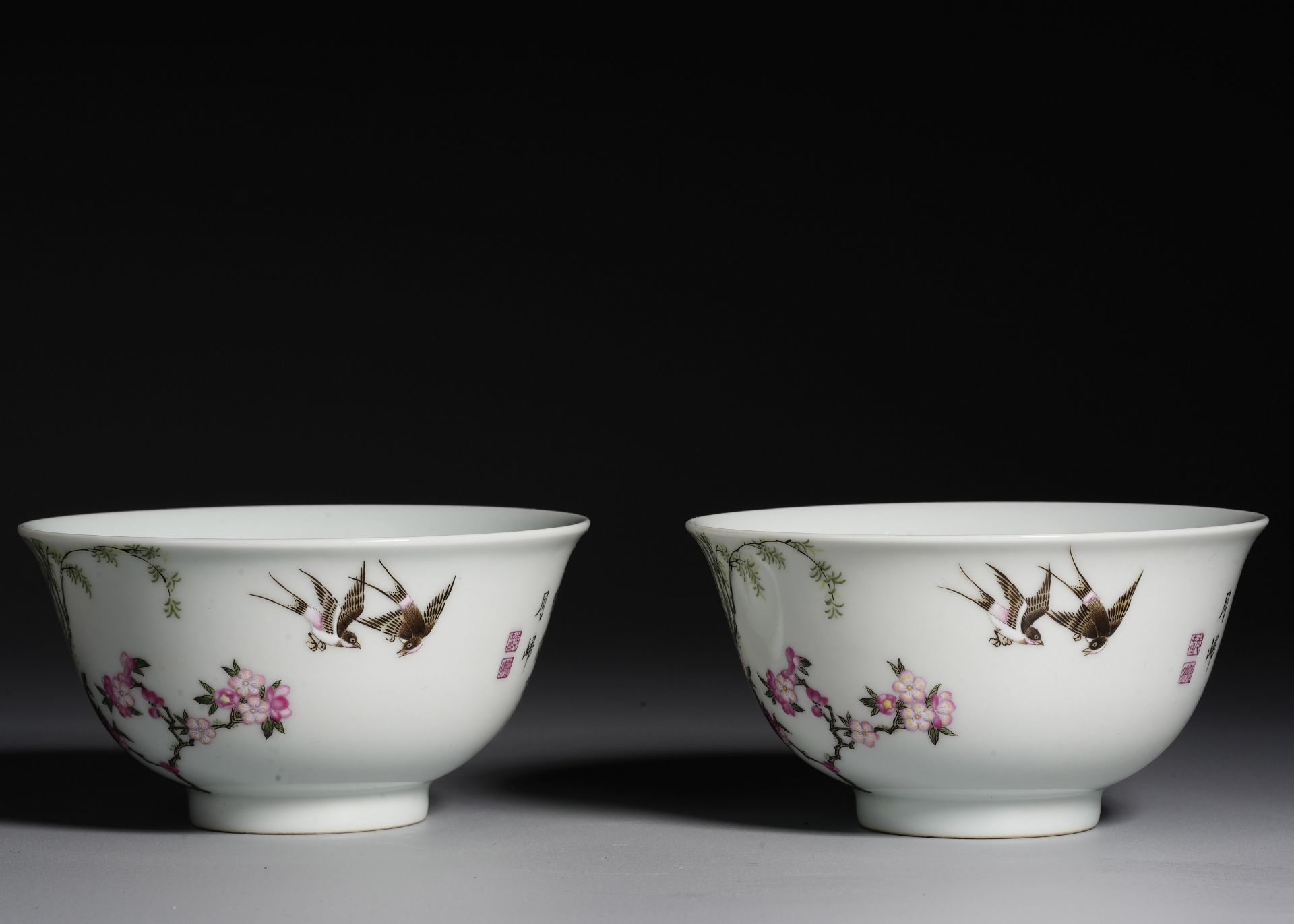 Pair Chinese Famille Rose Magpies Bowls - Image 3 of 14