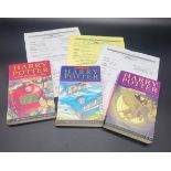 Three First Edition Harry Potter Books - signed by Cast members from Movies; plus Call Sheets