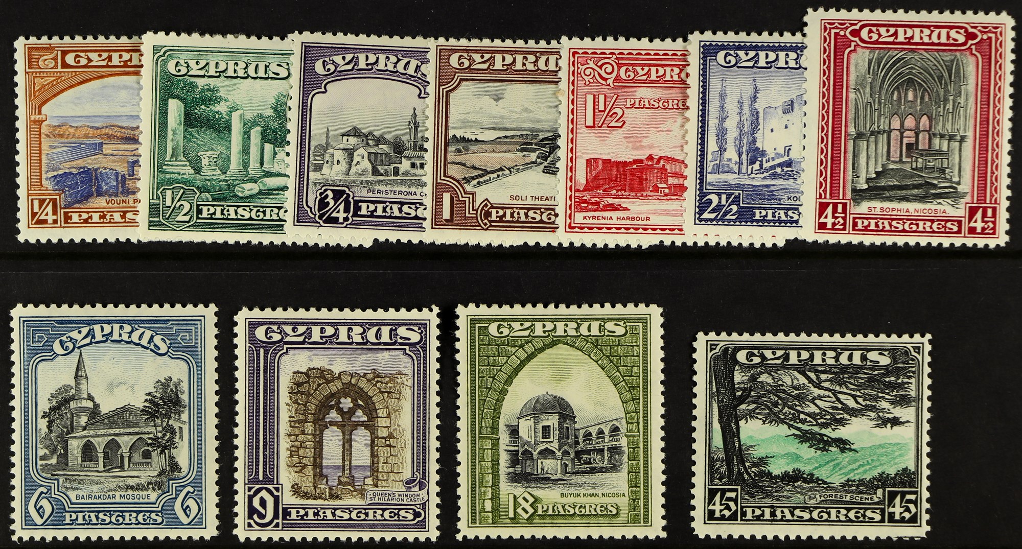 CYPRUS 1934 Pictorial set, SG 133/143, lightly hinged mint. Cat. £200. (11 stamps)
