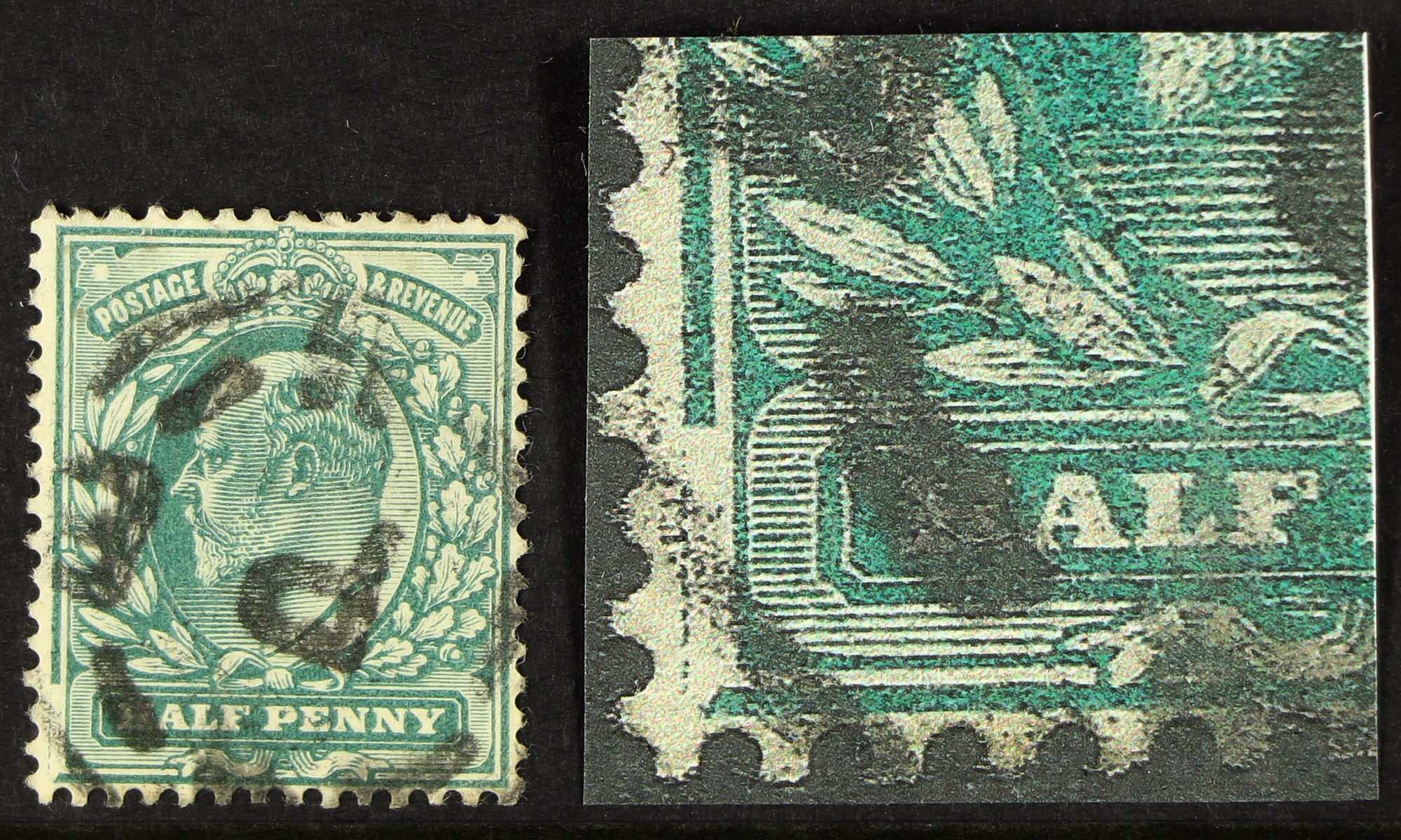 GB.EDWARD VII 1902 ½d blue-green, SG 216, showing major frame damage at lower left corner, about 1cm