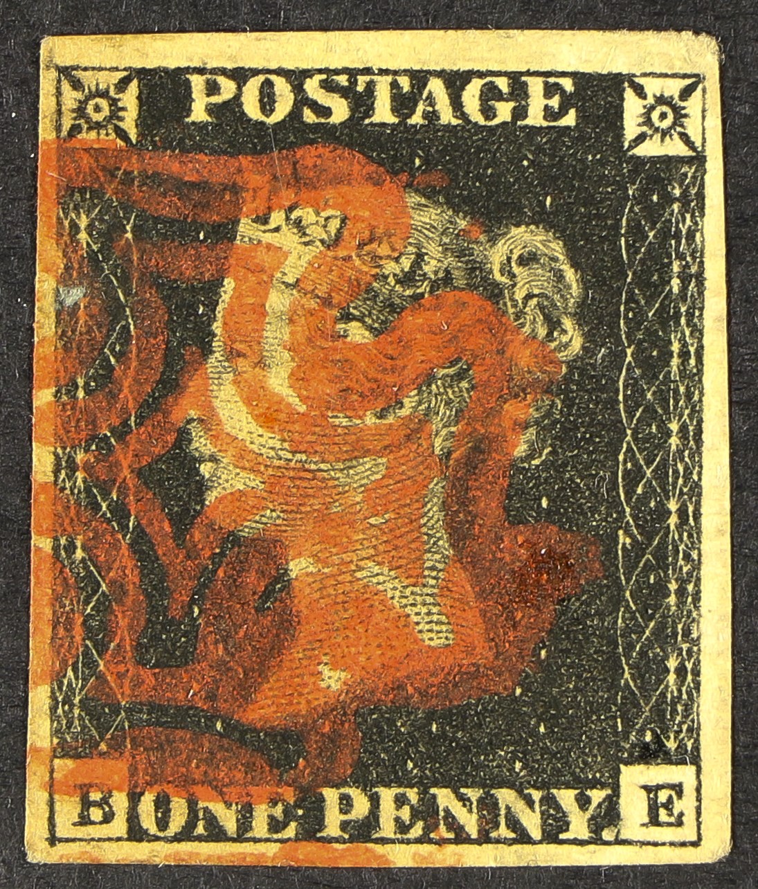 GB.PENNY BLACKS 1840 1d black, Plate 4 "BE", four good to large margins, neat red Maltese cross.