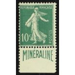 FRANCE 1924-26 10c green with "Mineraline" advertising on selvedge, Yv 188A, fine mint. Cat. €500.