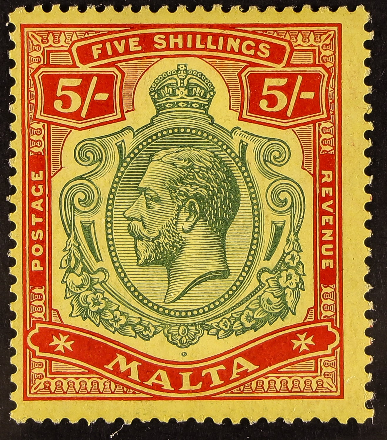 MALTA 1914-21 5s green and red/yellow with "Nick in top right scroll" variety, SG 88c, fine mint.