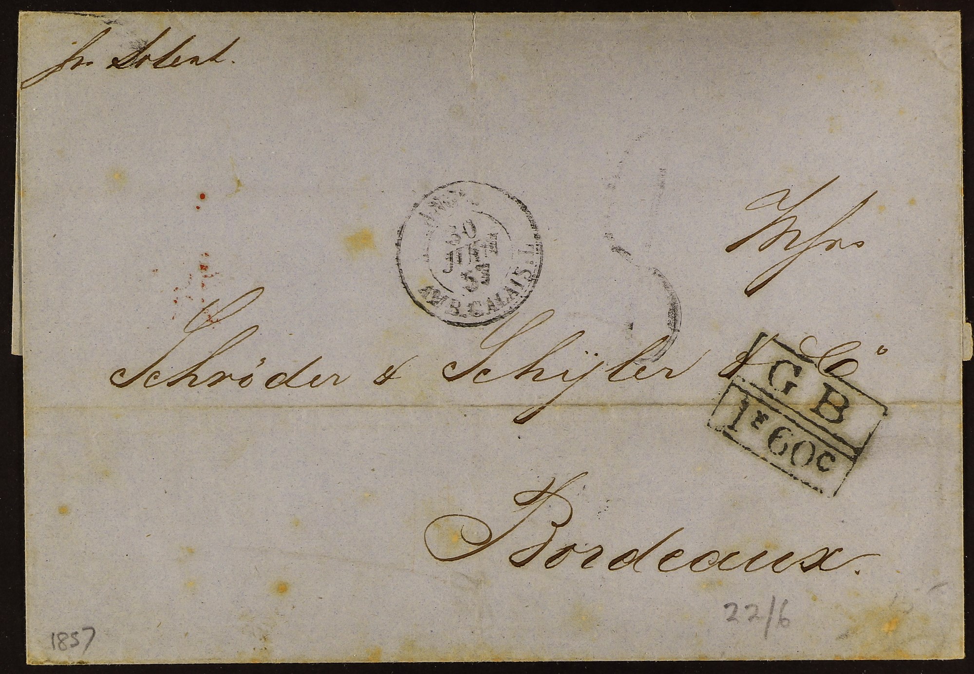 MEXICO BRITISH POST OFFICE AT VERA CRUZ 1857 (June) wrapper to Bordeaux, France, showing a fair