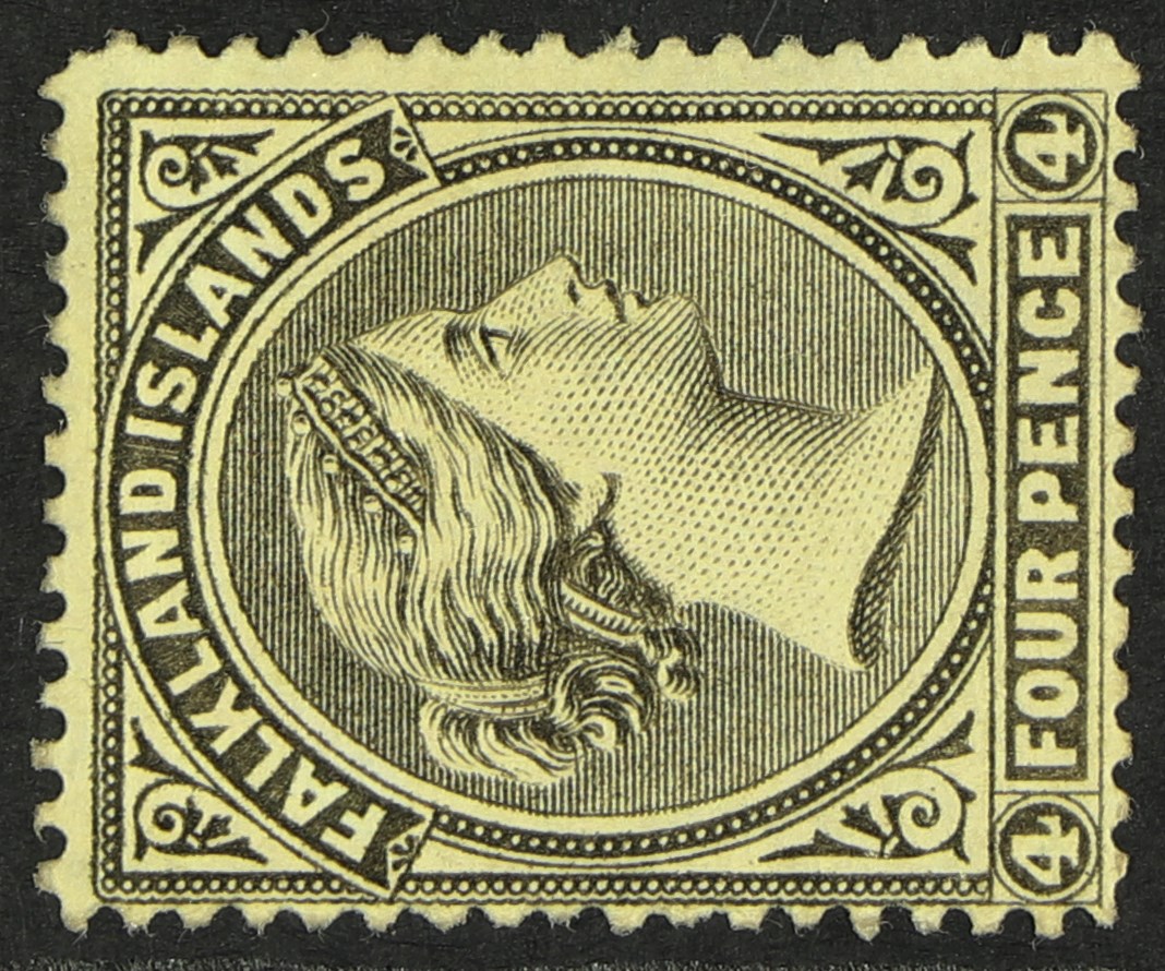 FALKLAND IS. 1885-91 4d grey-black, watermark Crown CA sideways, SG 10, mint with large part