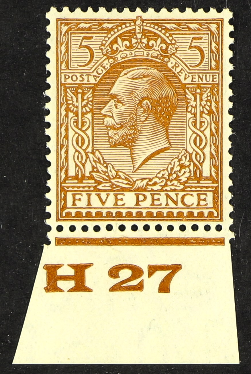 GB.GEORGE V 1924-26 5d reddish-brown, SG N40 (3), "H27" control single, fine mint.