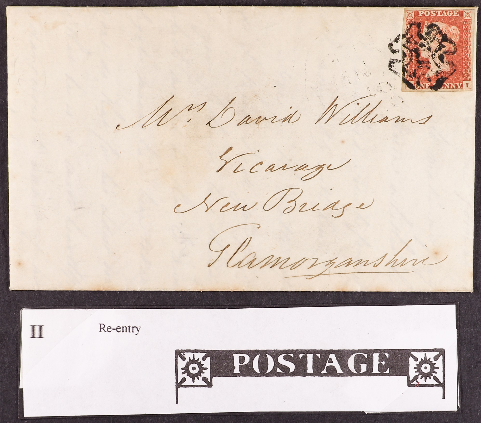 GB.QUEEN VICTORIA 1841 1D RED FROM BLACK PLATE 1B "II" re-entry, with four margins tied by black