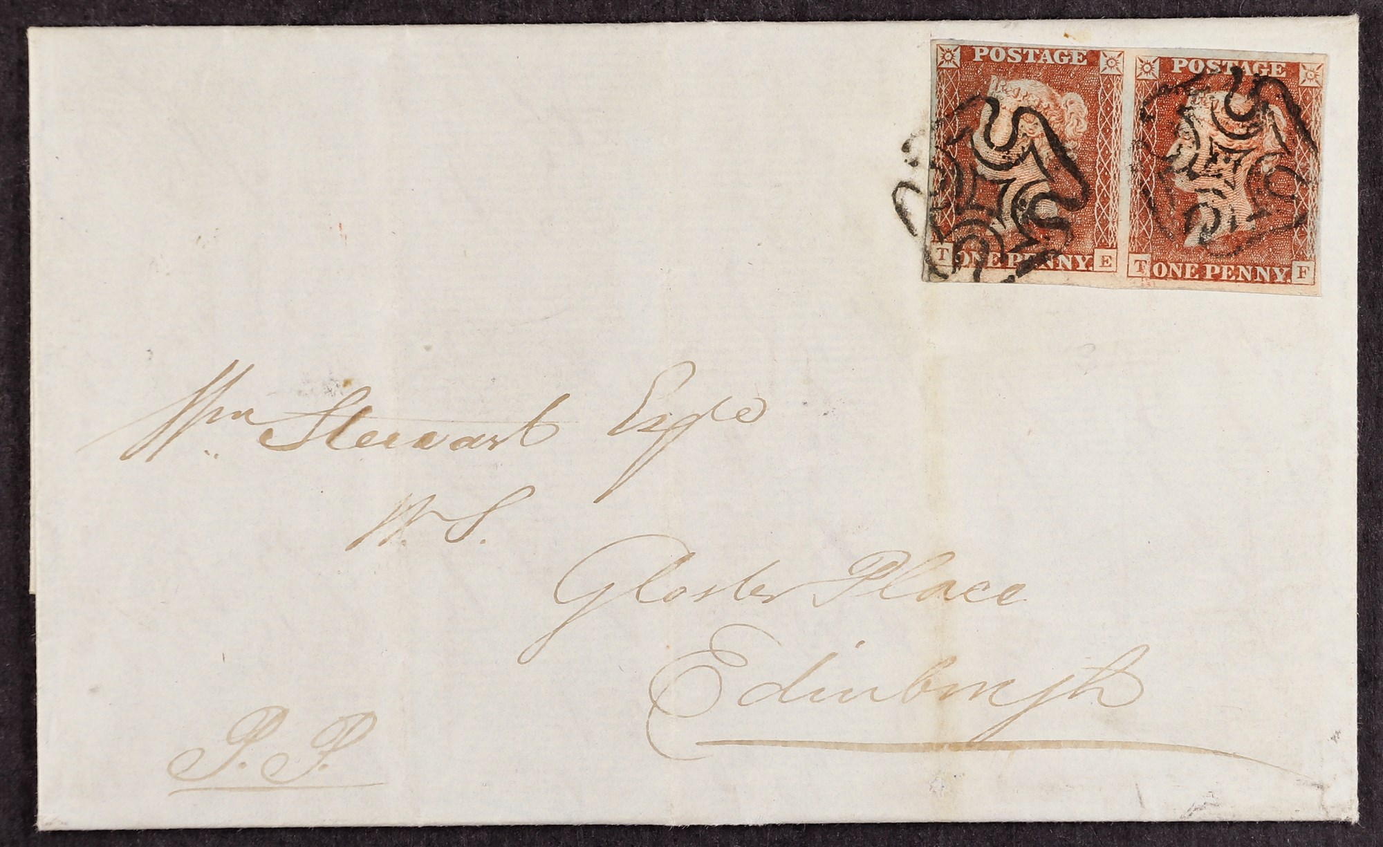 GB.QUEEN VICTORIA 1841 1D RED FROM BLACK PLATE 10 horizontal pair "TE/TF" with four good to large