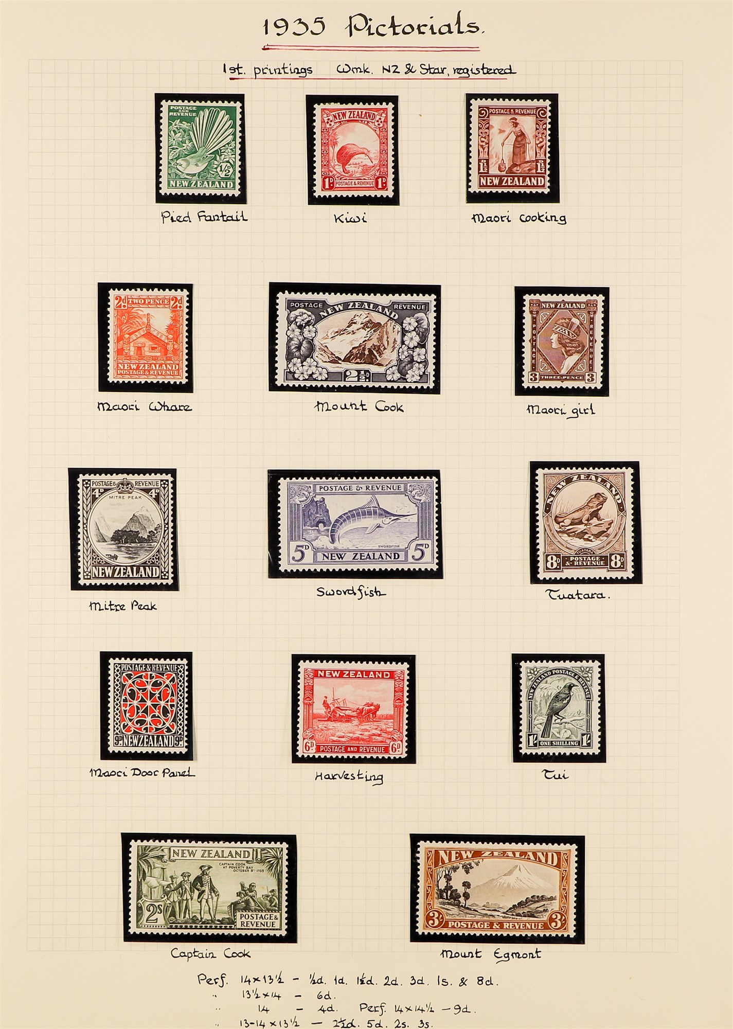 NEW ZEALAND 1935-36 PICTORIALS set, SG 556/569, fine mint. Cat. £170. (14 stamps)