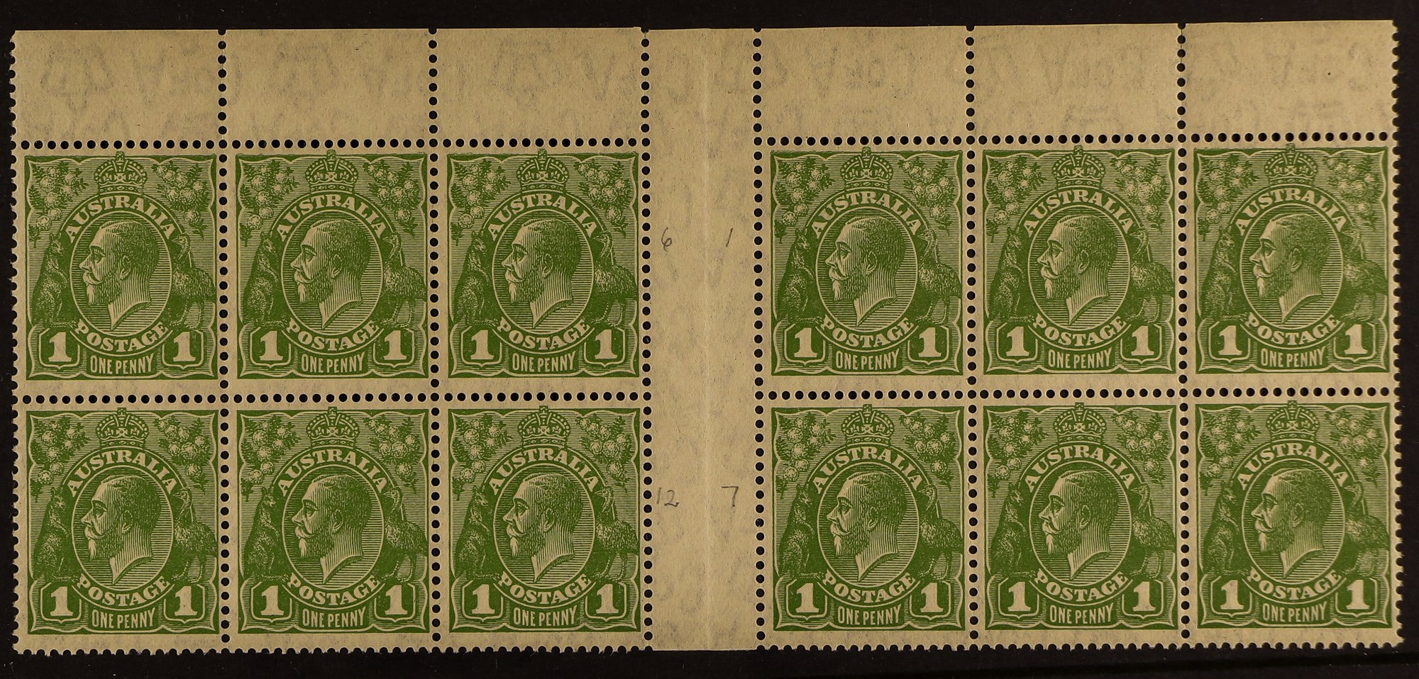 AUSTRALIA 1931-36 1d green, watermark inverted, SG 125w, central gutter block of twelve, all but one