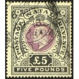 SOUTH AFRICA -COLS & REPS NATAL 1902 £5 mauve and black, SG 144, with 1908 cds. Cat. £2000.
