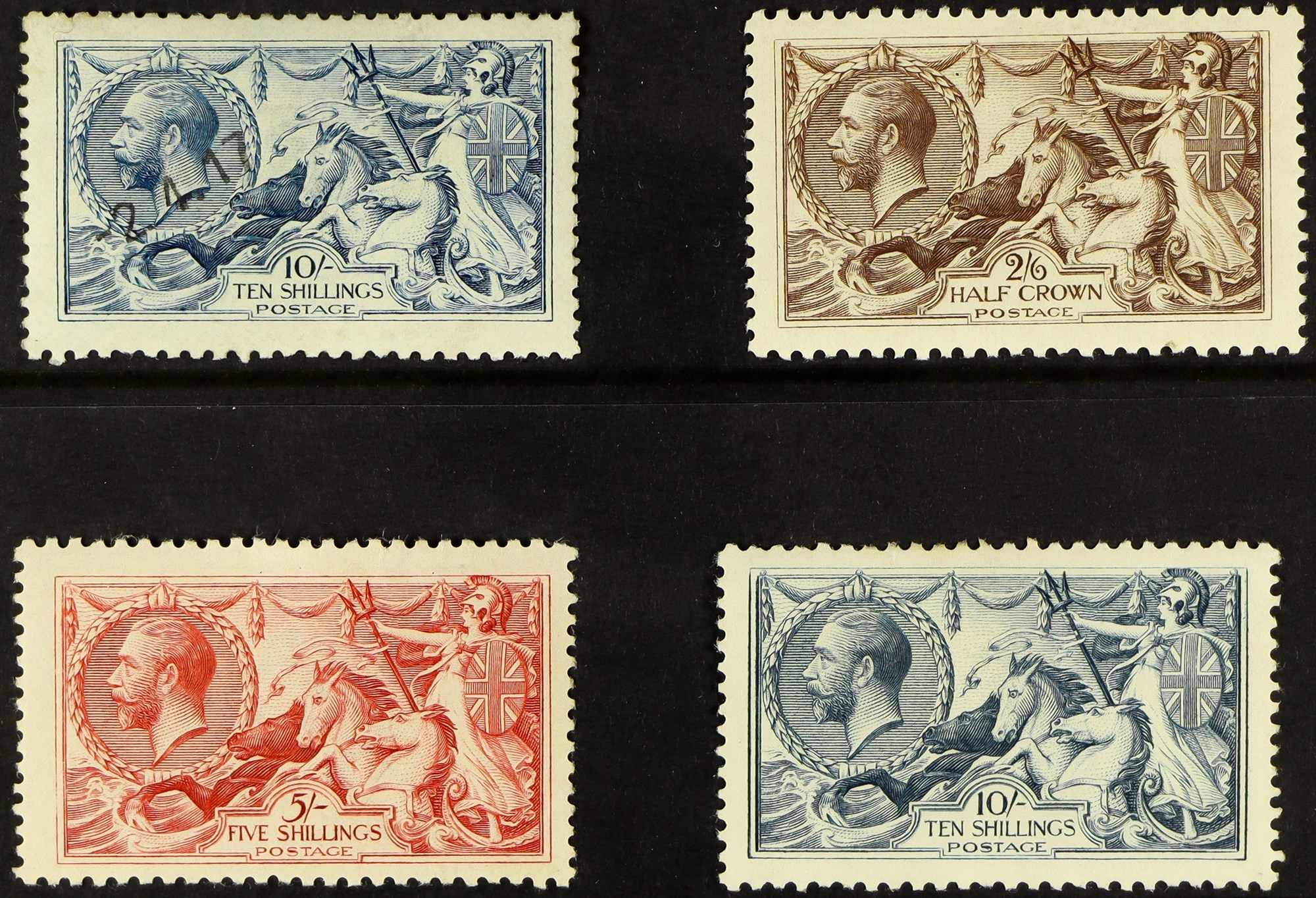 GB.GEORGE V 1918-19 B.W. Seahorse set, mint, the 10s with a toned perf. Also a DLR 10s with