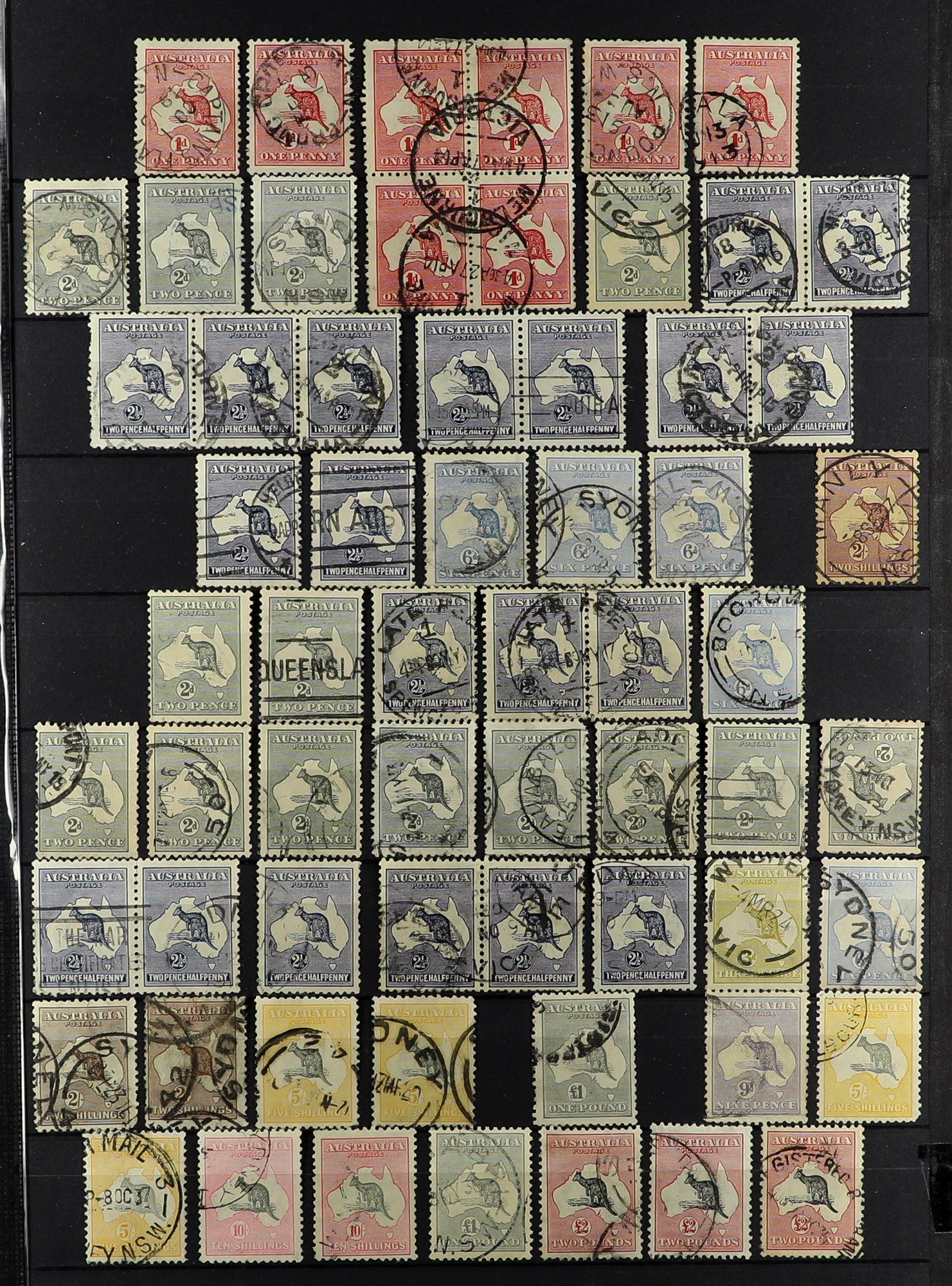 AUSTRALIA 1913-36 KANGAROO USED ISSUES with 1913 to 6d (x3), 1915 to 6d, 1915-27 to 5s (x2 shades)