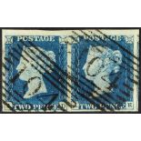 GB.QUEEN VICTORIA 1840 2d bright blue 'AD + AE' horizontal pair with large to gigantic margins, each