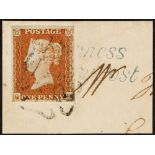 GB.QUEEN VICTORIA 1841 1d red-brown plate 14 imperf with 4 margins tied to piece by complete blue "