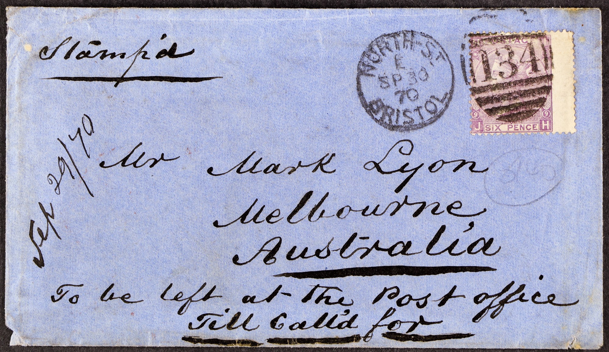 AUSTRALIAN STATES VICTORIA 1870 (30 Sept) env from Bristol, England to Melbourne, Victoria bearing