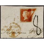 GB.QUEEN VICTORIA 1841 1d red-brown imperf with 4 margins tied to piece by superb red “7” hand