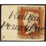 GB.QUEEN VICTORIA 1841 1d red-brown plate 24 imperf with 4 margins tied to piece by "POULTON / PENNY
