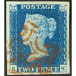 GB.QUEEN VICTORIA 1840 2d deep bright blue 'SK' plate 2, SG 4, superb used with 4 large / huge