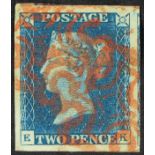 GB.QUEEN VICTORIA 1840 2d blue 'EK' plate 2, SG 5, used with 4 extraordinarily large margins & 2 red