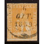 ITALIAN STATES TUSCANY 1857 1s bright ochre, wmk vertical lines, Sass 11a, very fine used with three
