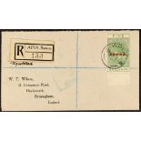 SAMOA 1919 (19th march) "Wilson" envelope registered to England, bearing tall 5s yellow-green tied