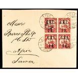 SAMOA G.R.I. 1914 (12th September) local Burns Philp Apia envelope, bearing 1d on 10pf block of four