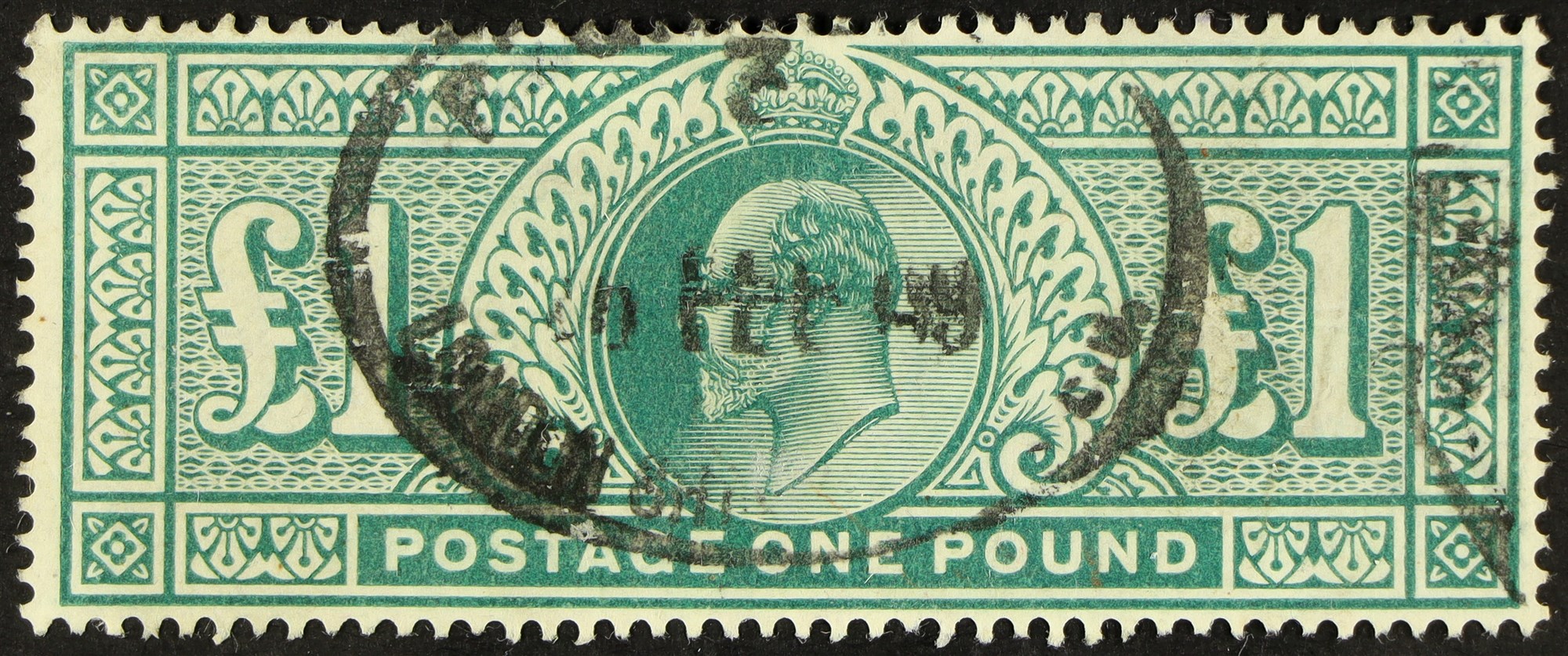 GB.EDWARD VII 1902 £1 dull blue-green, SG 266, with central oval Registered cancel.