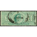 GB.EDWARD VII 1902 £1 dull blue-green, SG 266, with central oval Registered cancel.