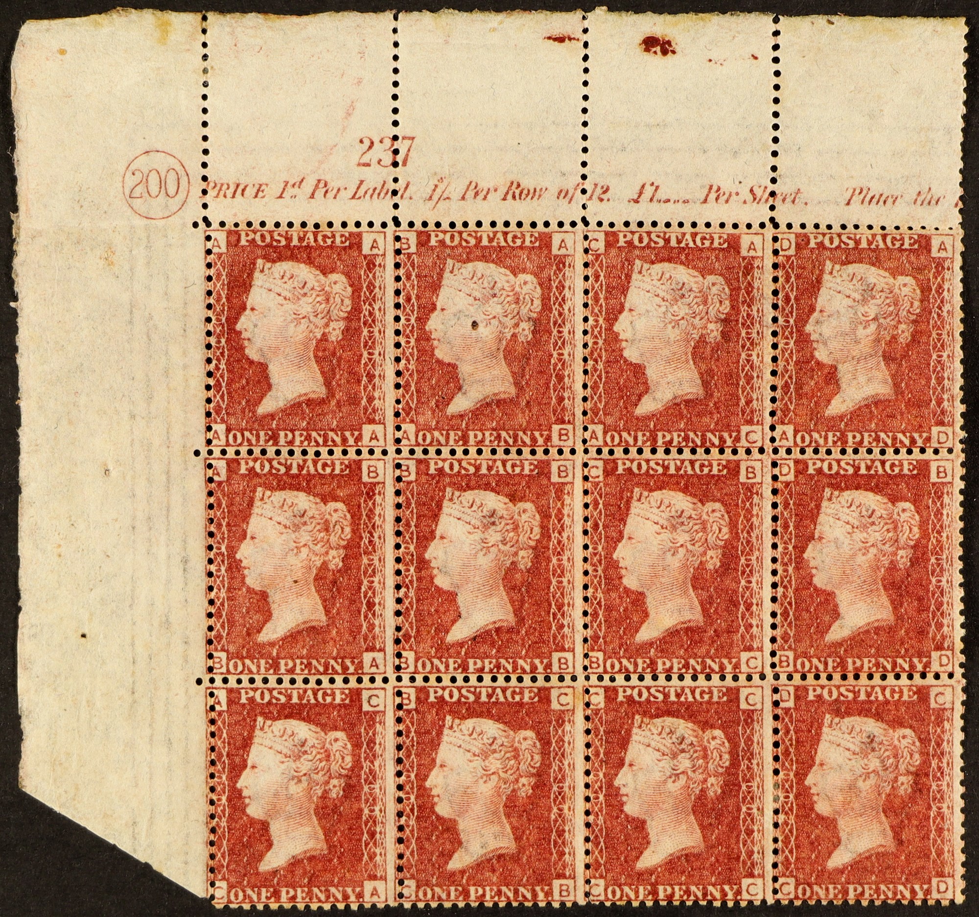 GB.QUEEN VICTORIA 1864-79 1d red, plate 200, an upper left corner block of twelve (4 x 3), showing