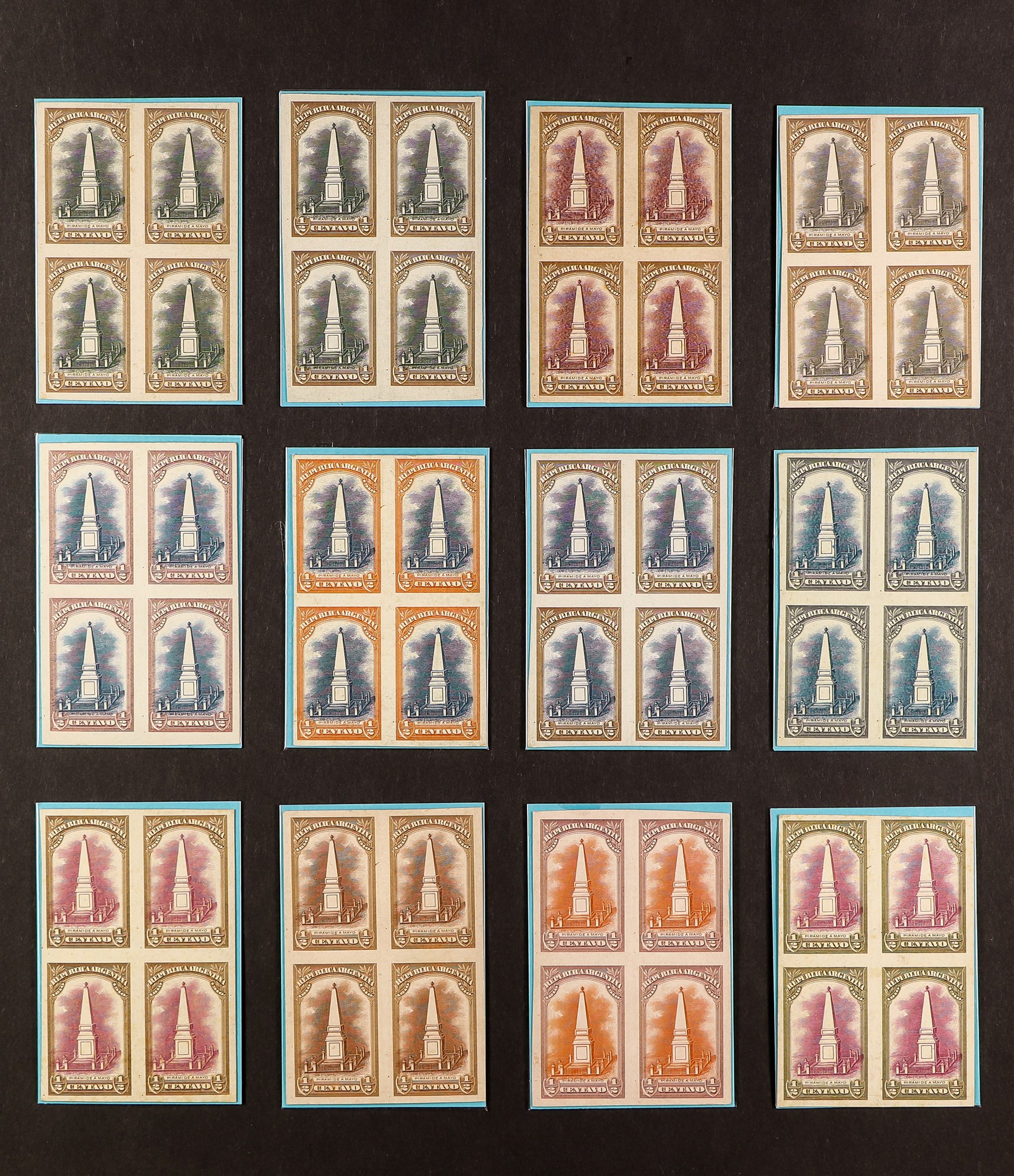 ARGENTINA 1910 IMPERF COLOUR TRIAL PROOFS A lovely collection of ½c Spanish Viceroy Centenary "