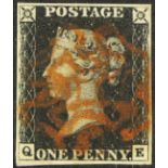 GB.PENNY BLACKS 1840 1d black, Plate 3 "QE", four margins and red Maltese cross.