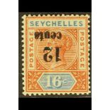 SEYCHELLES 1893 12c. on 16c. chestnut and blue, surcharge inverted, SG 16a, fine mint. Cat. £500.