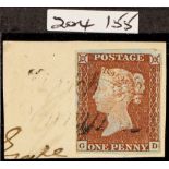 GB.QUEEN VICTORIA 1841 1d red-brown plate 14 imperf with 4 margins, tied to piece by fine & complete