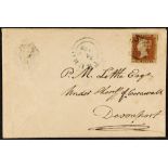 GB.QUEEN VICTORIA 1843 (8 Jan) a 'turned' and reused 1d pink stationery envelope sent from Truro