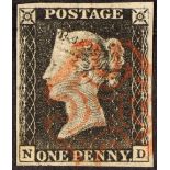 GB.PENNY BLACKS 1840 1d black ND' plate 4, SG 2, very fine used with 4 margins & neat red Maltese