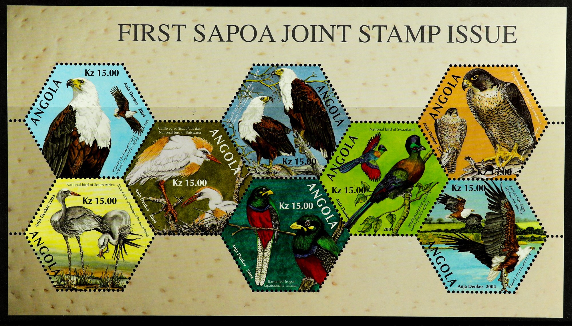 ANGOLA 2004 FIRST SAPOA JOINT STAMP ISSUE Birds miniature sheet, never hinged mint.