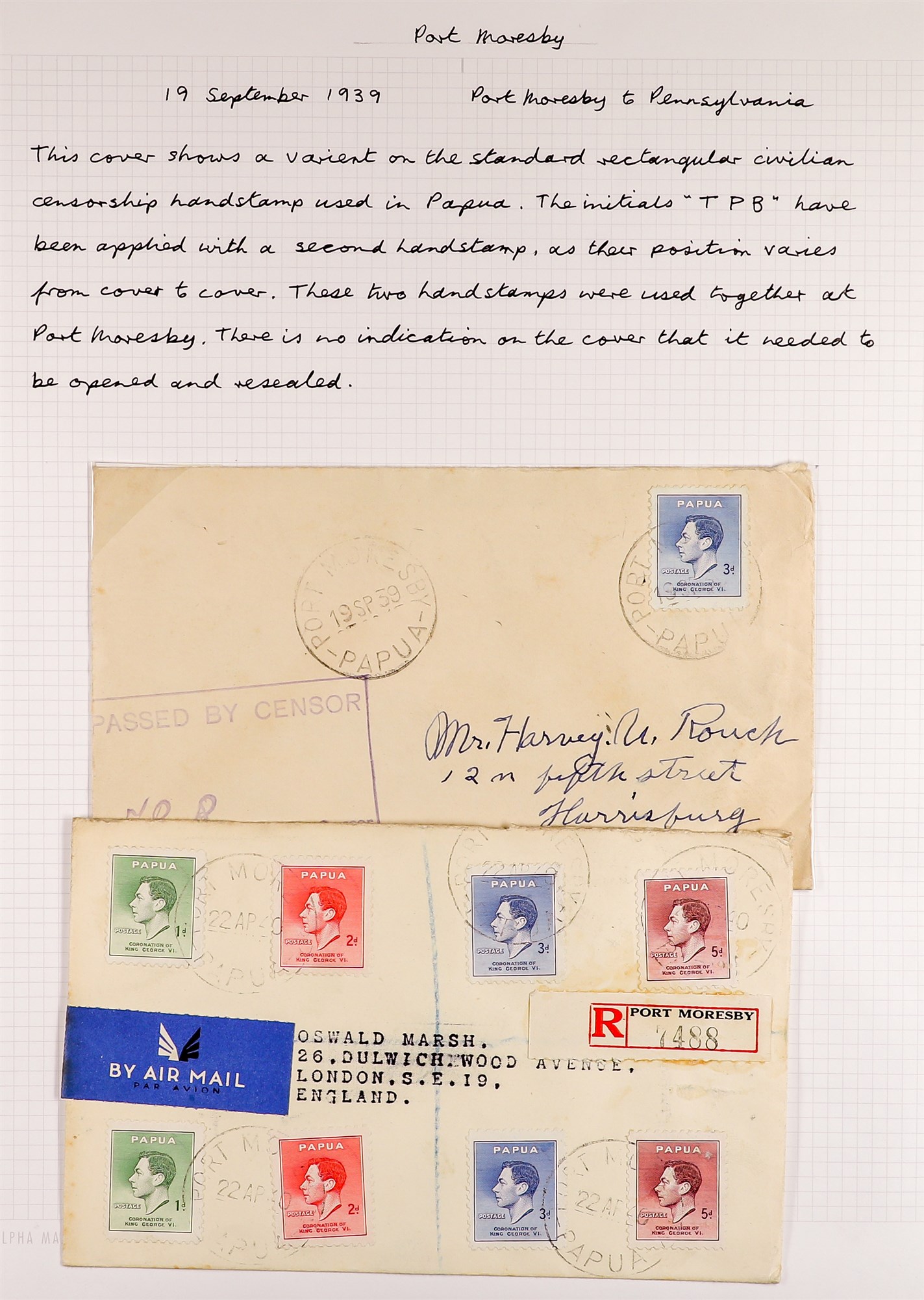 PAPUA WW2 CENSOR MARKS ON COVERS 1939-41 collection written up on pages, with various types of