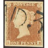 GB.QUEEN VICTORIA 1841 1d red-brown plate 88 imperf with 4 margins cancelled by deep blue “PAID 3”