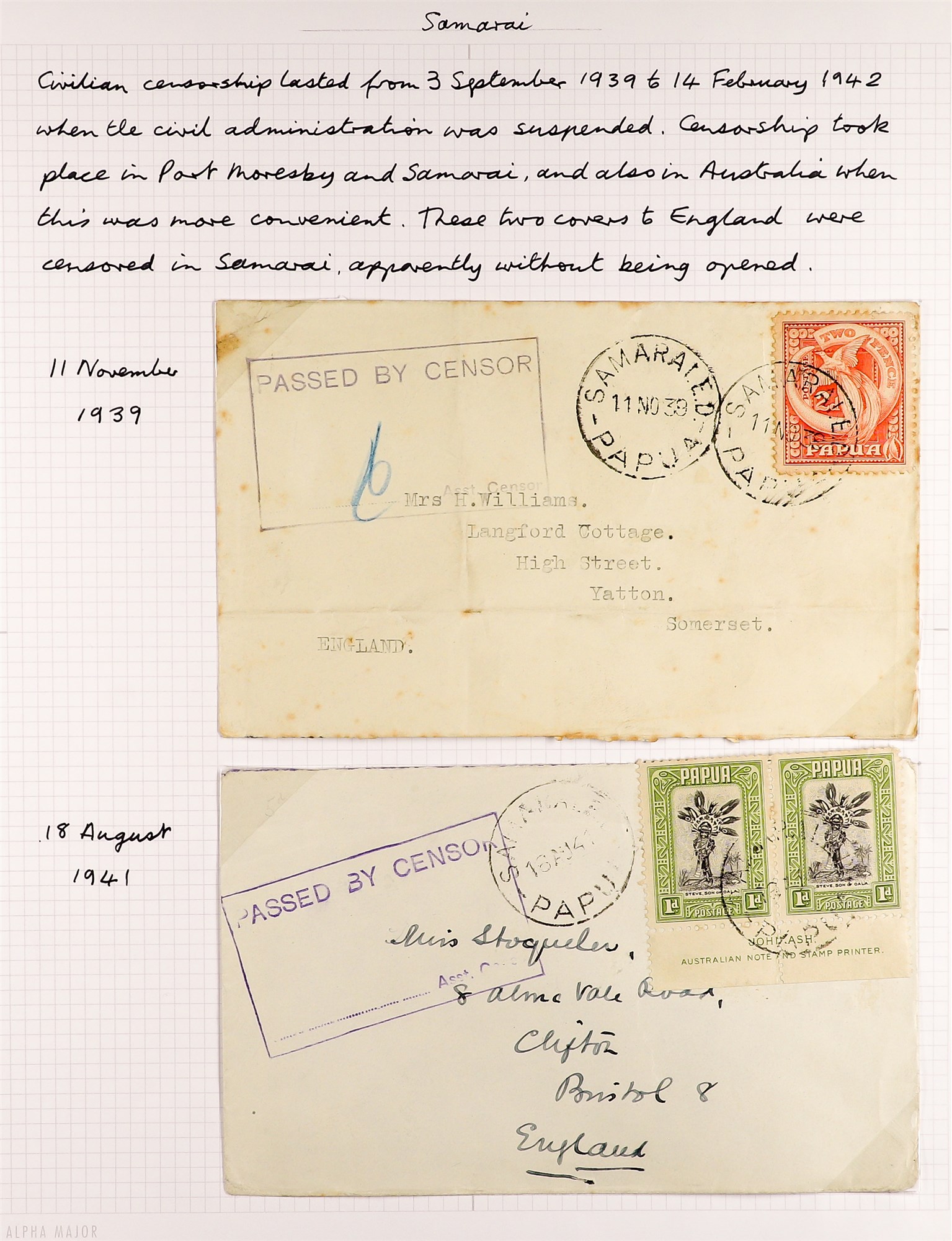 PAPUA WW2 CENSOR MARKS ON COVERS 1939-41 collection written up on pages, with various types of - Image 2 of 14