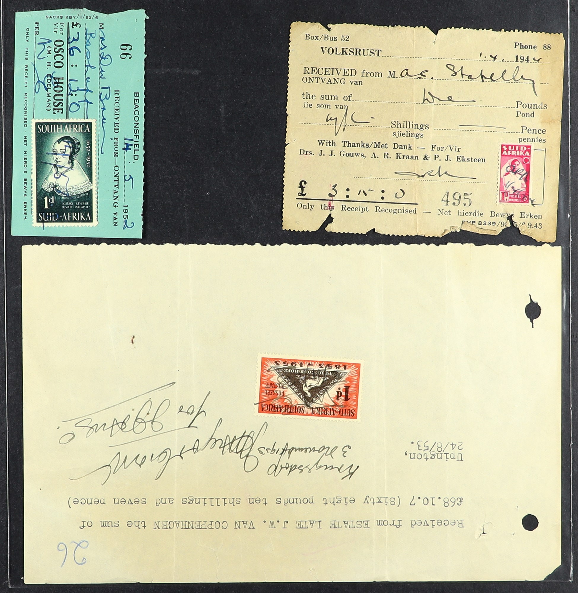 SOUTH AFRICA DOCUMENTS 1885-1974 interesting range with paid cheques, Cape invoices with 1d stamps