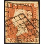 GB.QUEEN VICTORIA 1841 1d red-brown plate 88 imperf with 4 margins cancelled by French Strasbourg