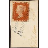 GB.QUEEN VICTORIA 1841 1d red-brown imperf with 4 margins, tied to piece by very fine & complete