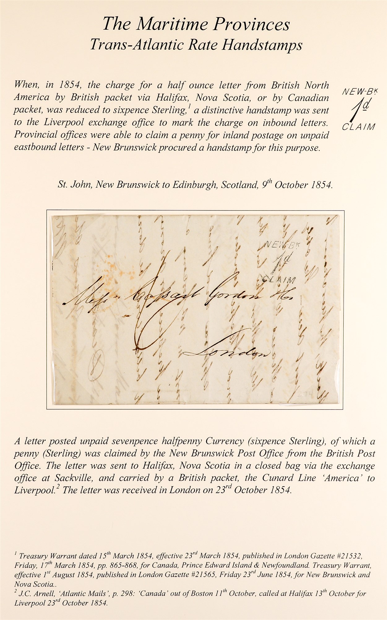 CANADA 029 TRANS-ATLANTIC MAIL 1854 ST. JOHN NEW BRUNSWICK TO EDINBURGH, SCOTLAND (9th October)