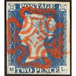 GB.QUEEN VICTORIA 1840 2d bright blue 'ML' plate 1, SG 5, very fine used with 4 margins &
